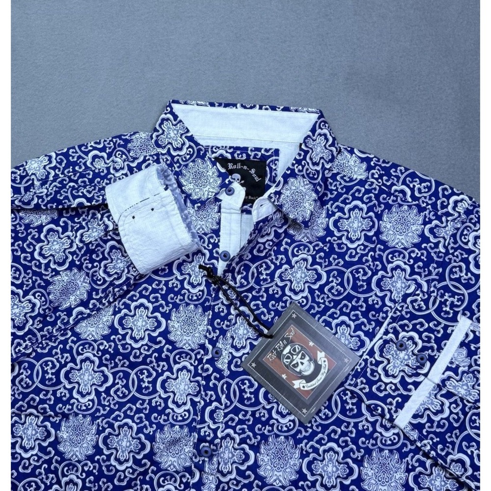 Rock Roll N Soul Mens L Blue Geometric Abstract Rodeo Western NEW